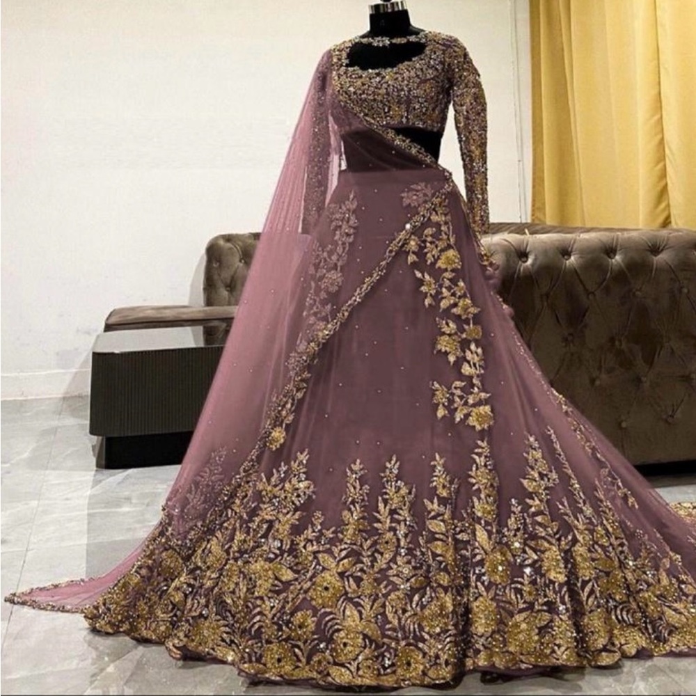 Elegant Purple and Gold Embroidered Gown
